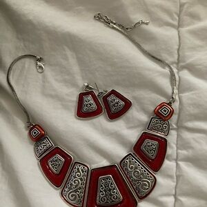 Elegant Red and Silver retro Necklace and Earring Set